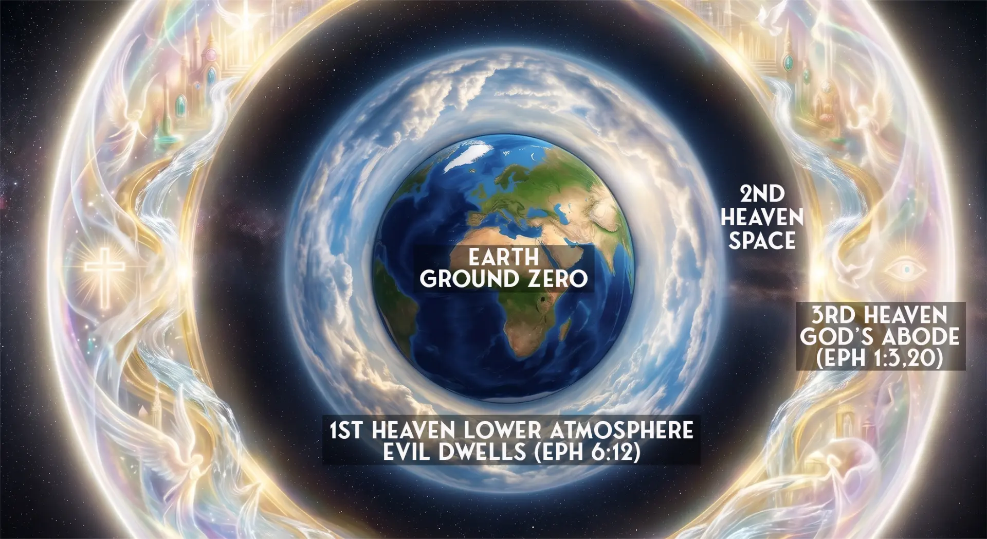 Diagram of the three heavens: Earth ground zero, lower atmosphere, space, and God's abode