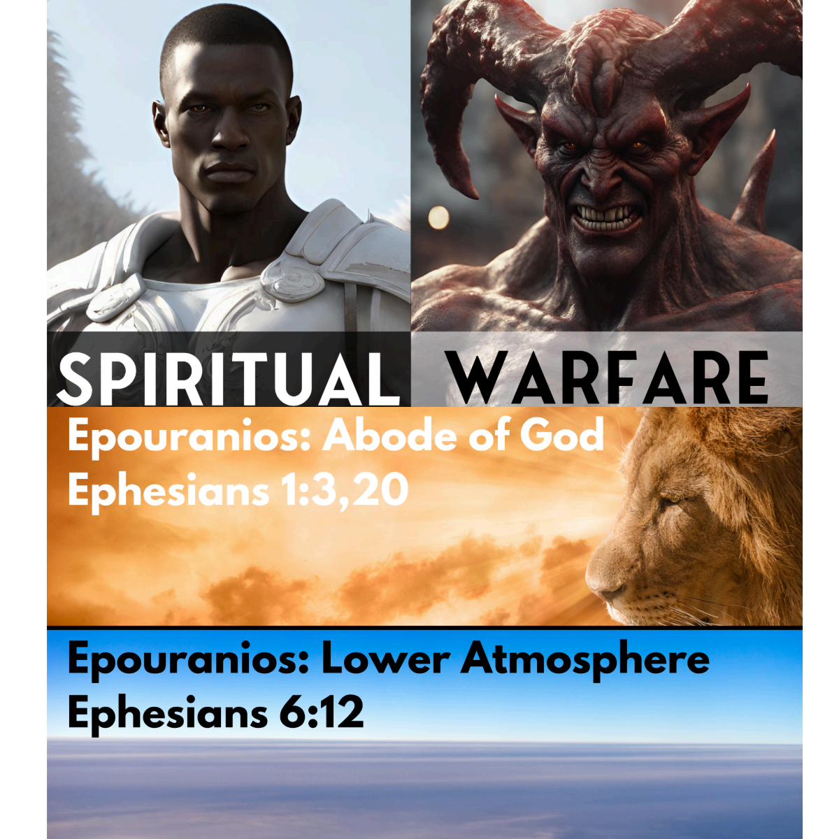 Spiritual Warfare infographic contrasting the abode of God with the lower atmosphere