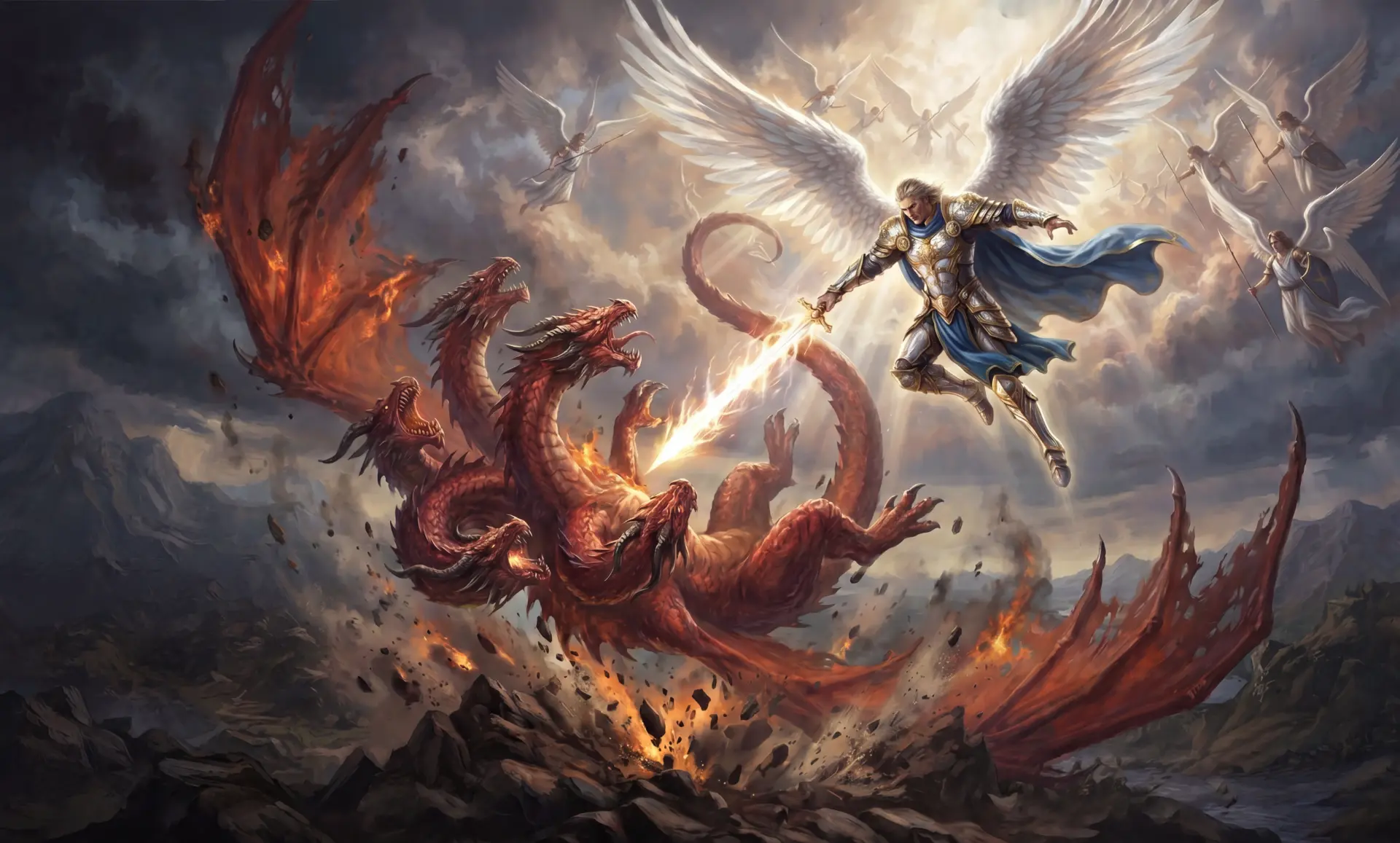 An angelic warrior casting a seven-headed red dragon down from the heavens