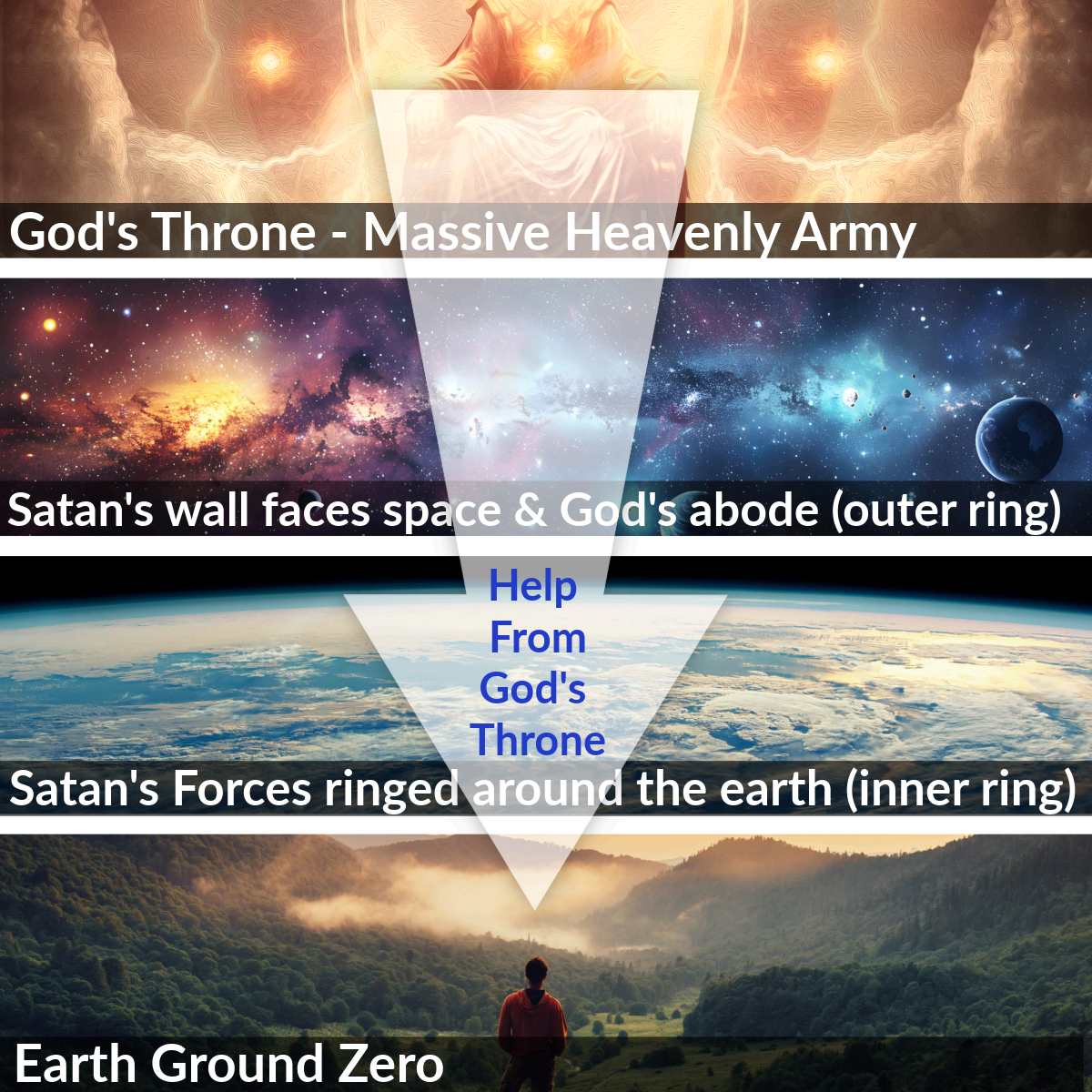 Diagram of help descending from God's throne through Satan's rings to earth