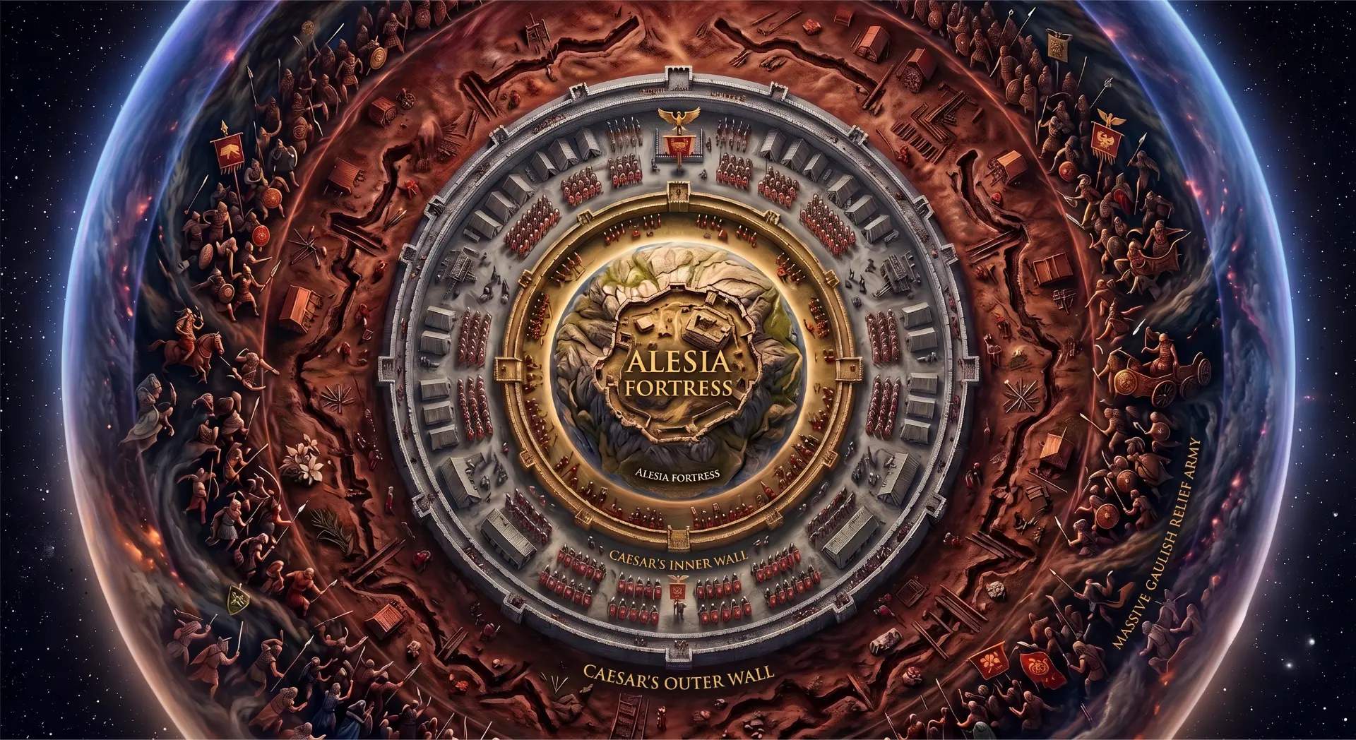 Circular map of the Alesia fortress ringed by Caesar's inner and outer walls and the Gallic relief army