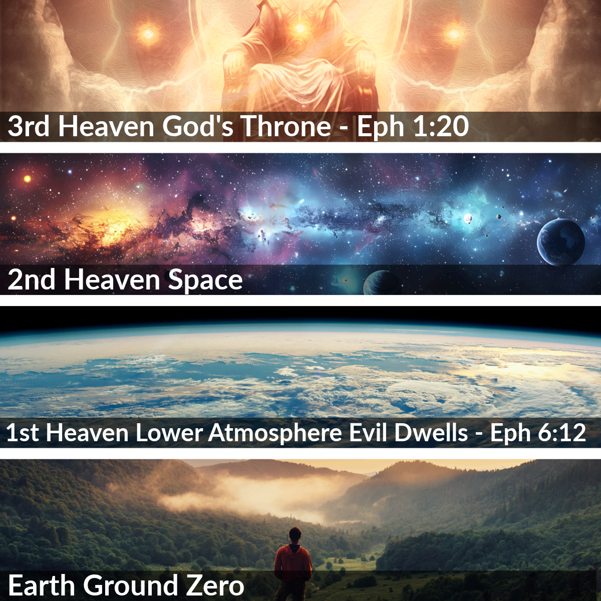 Diagram of the three heavens: God's throne, space, lower atmosphere, and earth