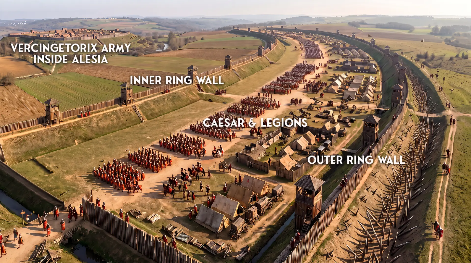 Diagram of the Alesia siege showing Vercingetorix inside, Caesar and the legions between the inner and outer ring walls