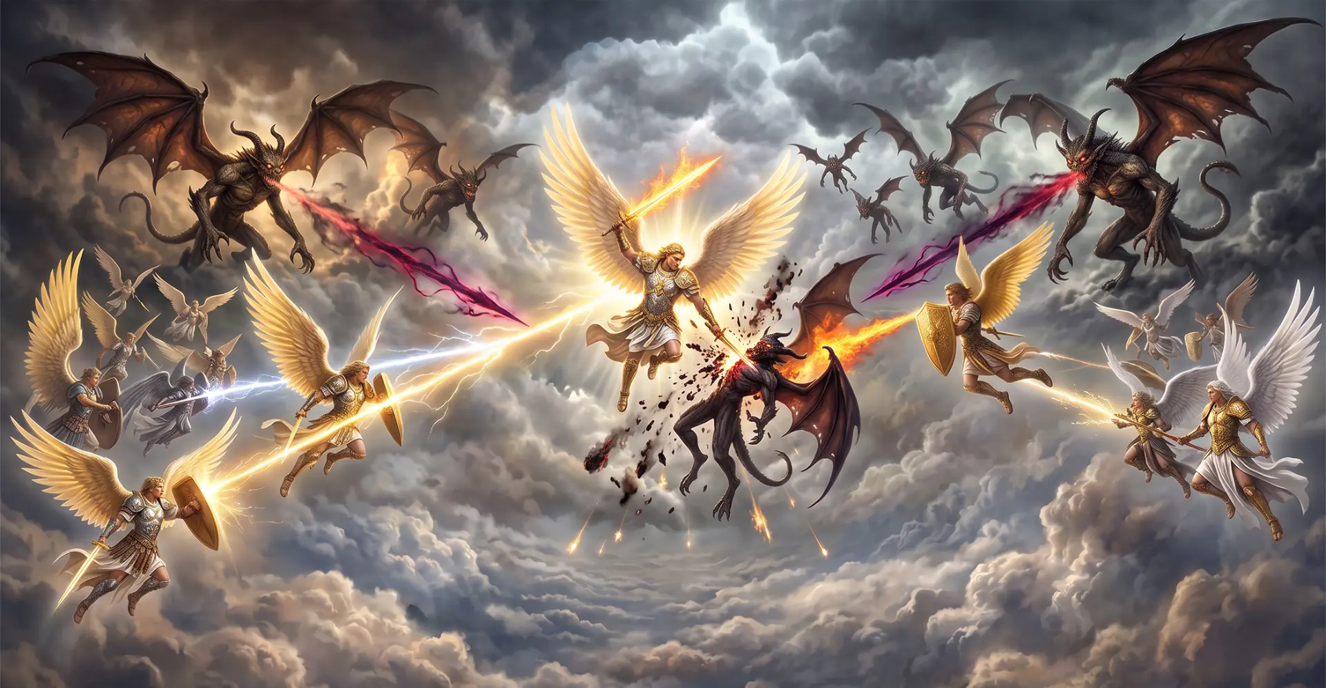 Angels and demons clashing in the clouds, depicting the Daniel 10 spiritual battle