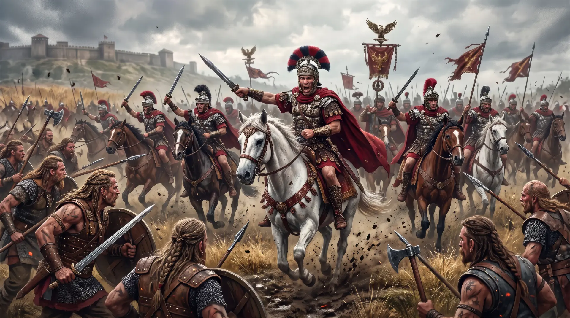 Caesar leading his cavalry charge at Alesia
