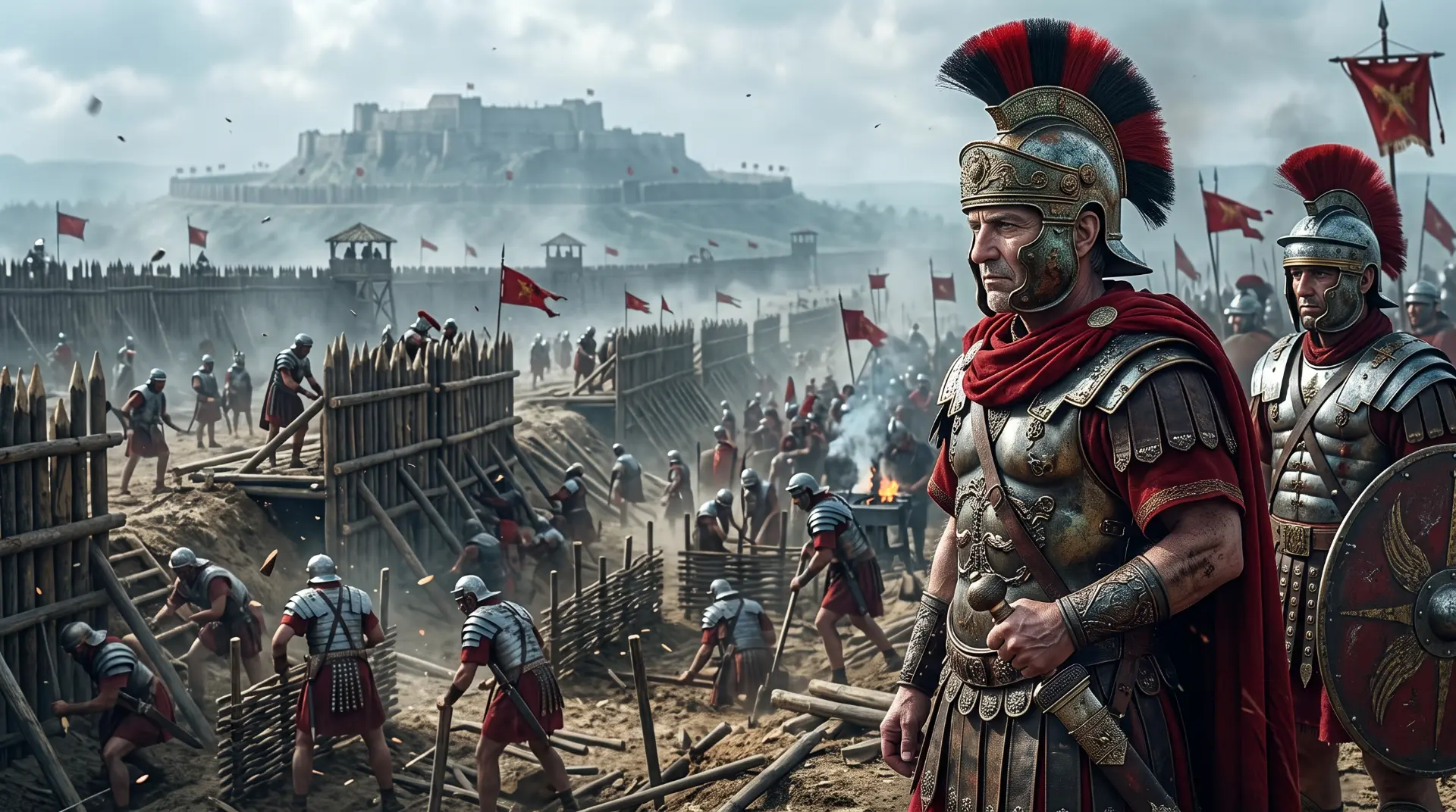 Caesar riding along the Roman siege walls around Alesia