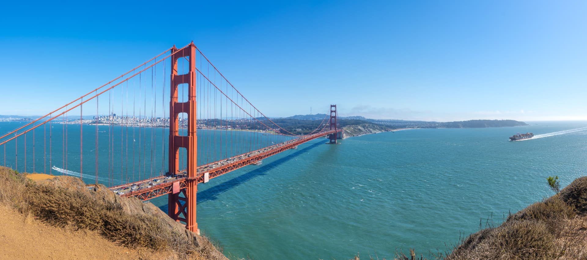 Golden Gate Bridge and San Francisco skyline at dusk