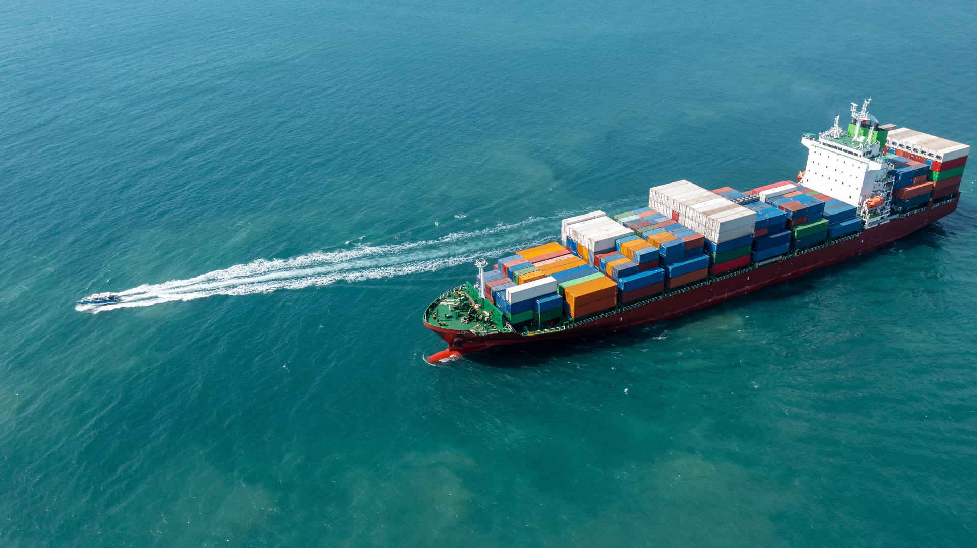 Aerial view of a cargo container ship at sea
