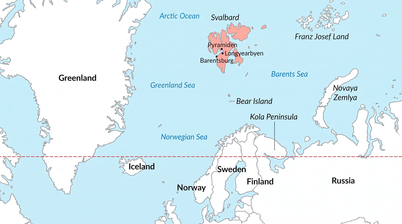 Map of the Arctic showing Svalbard between Norway and the North Pole