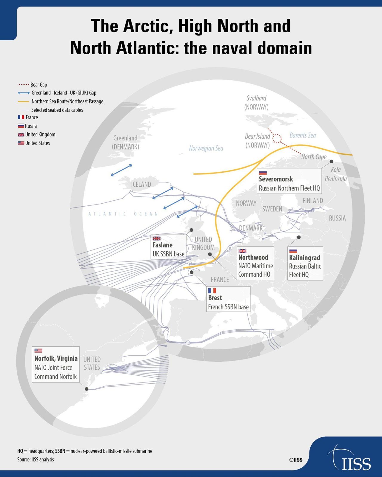 IISS map: The Arctic, High North and North Atlantic naval domain
